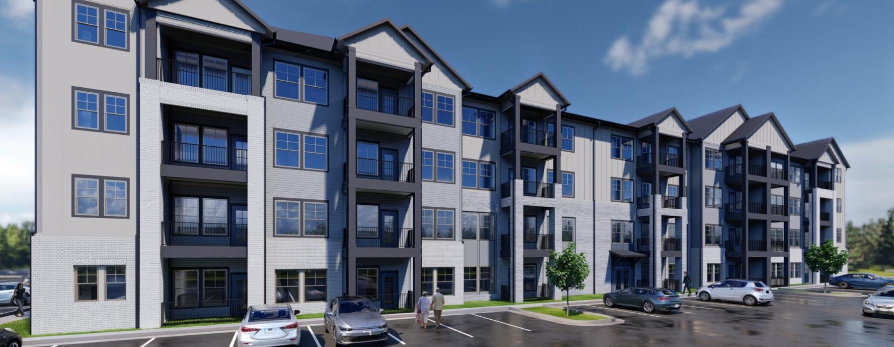 a building with cars parked in front